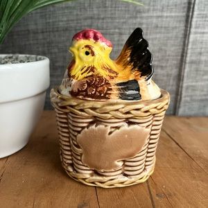 Vintage Covered Sugar Bowl Nesting Hen on a Basket by Rossini. Made in Japan